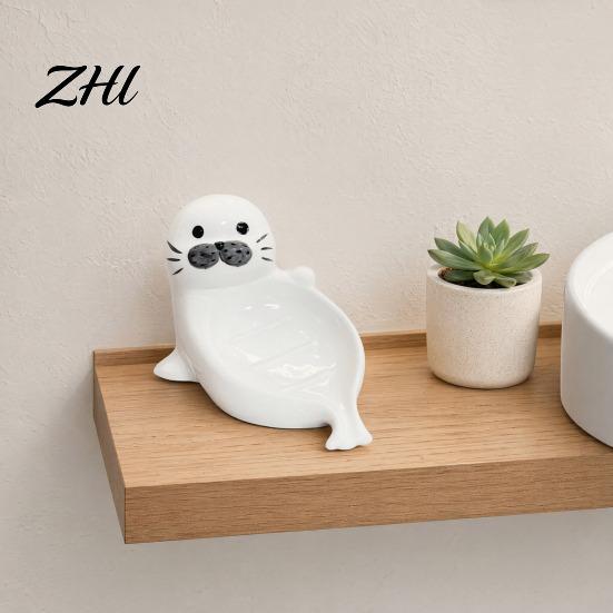 Ceramic Soap Stand Cute Seal Dish, with Self-Draining Design, Sponge Bathroom Storage Box Organizer Tray, for Countertop And Kitchen Sink Durable