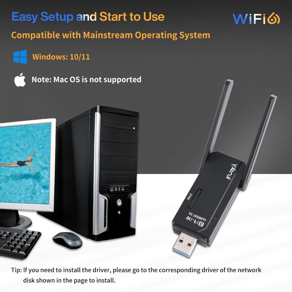 Беспроводной USB Wi-Fi адаптер Kosky WiFi 6 двухдиапазонный 1800 Мбит/с 802.11ax USB3.0 Увеличьте скорость интернета до 600 Мбит/с Беспроводной USB Wi-Fi адаптер