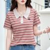 Striped Lapel Short Sleeve T-Shirt Women's 2024 Summer New Fashion Embroidered Loose Slim Women's Shirt Top