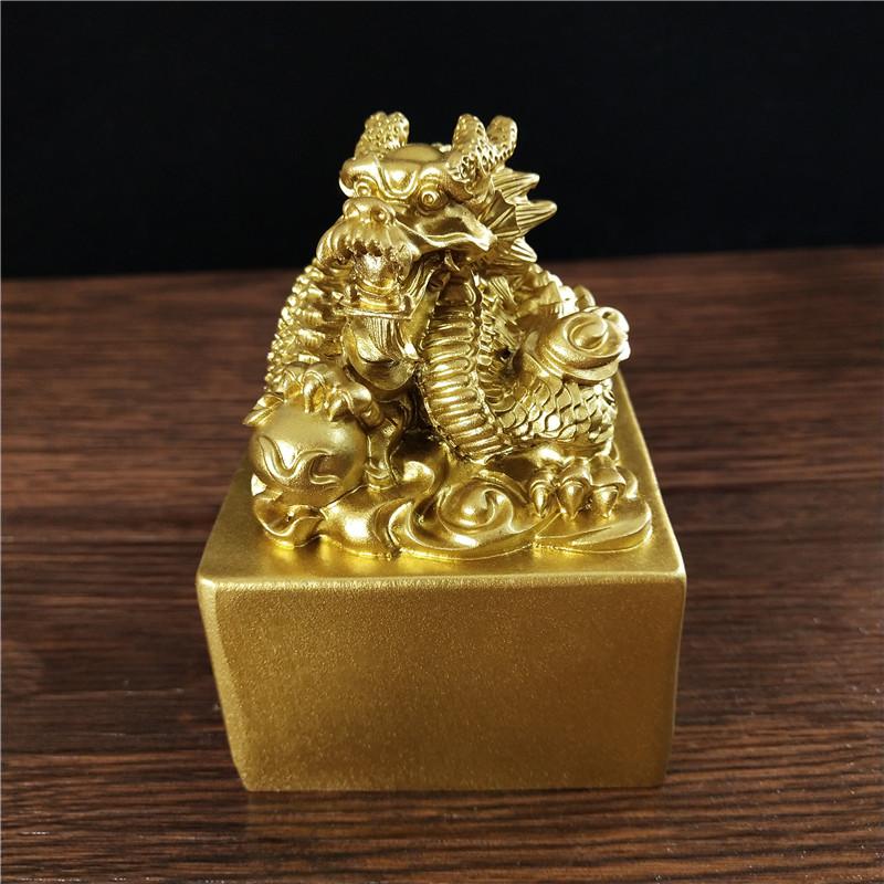 Golden Chinese Dragon Statues Figurine Big Imperial Jade Seal Resin Craft Feng Shui Year Zodiac Dragon Sculpture Home Decoration