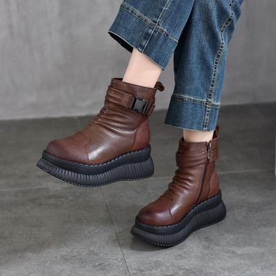 Женские ботинки из натуральной кожи на толстой подошве с пряжкой на ремне и боковой молнией, теплые хлопковые ботинки из плюша