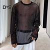 Men Mesh Top Thin See-through Shiny Sequin Mesh O Neck Long Sleeves Solid Color Stretchy Loose Fit Muscle-Enhancing Party Homewear Club Dance