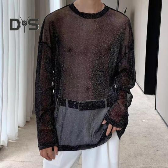 Men Mesh Top Thin See-through Shiny Sequin Mesh O Neck Long Sleeves Solid Color Stretchy Loose Fit Muscle-Enhancing Party Homewear Club Dance
