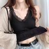 Women Vest V-Neck Sleeveless Padded Underwear Vest Solid Color Lace Trim Elastic Bottom Vest Winter Daily Wear