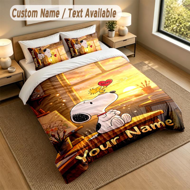 3Pcs Bedding Set Custom Name Text, 1 Sheet 2 Pillowcases Home Bed DecorSnoopy Peanuts