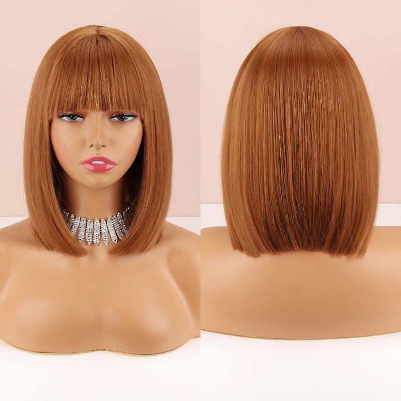 MISSQUEEN Короткий прямой парик Боб с челкой Омбре Темно-коричневый цвет Длина до плеч Натуральный прямой парик из синтетического волокна Повседневная одежда