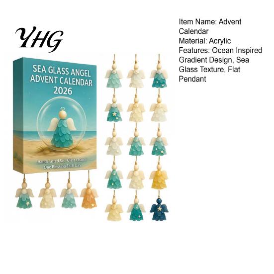 24 Day Advent Surprise Sea Glass Angel Calendar with Hanging Ornaments for Christmas Tree Decoration, Decorative Countdown Handmade 2D Flat