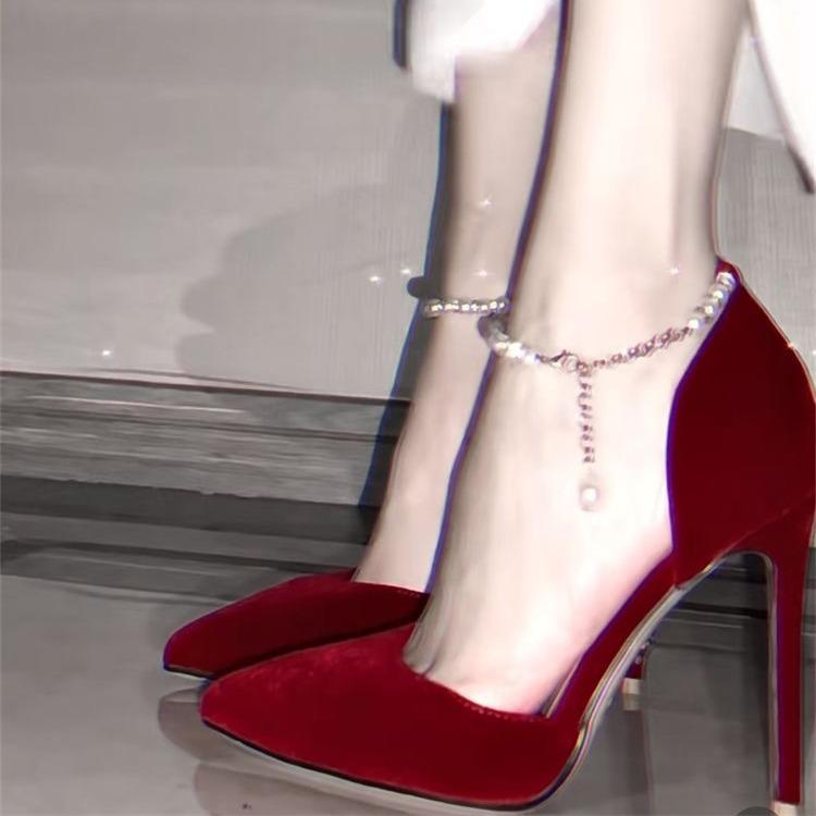 Гигантские белые ~ красные жемчужные туфли на высоком каблуке свадебные туфли для взрослых церемониальные туфли с острым носком Xiuhe Suede нежные не устающие ноги