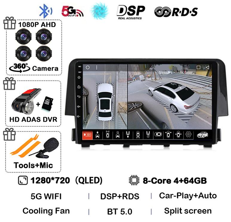 Android 14 Беспроводной Carplay Auto Для Honda Civic 2016 2017 2018 2019 2020 Автомагнитола Стерео Мультимедийный Плеер GPS 4G+WIFI DSP