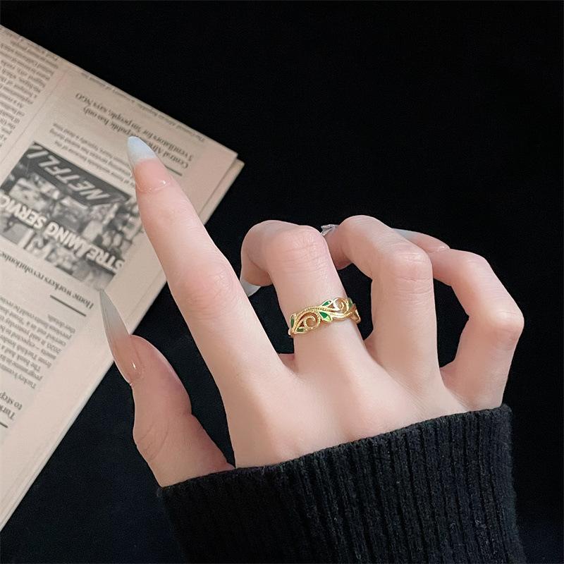Fashion Gold Emerald Drop Glaze Open Ring Zircon Enamel Personality Light Luxury Premium Retro Ladies Ring