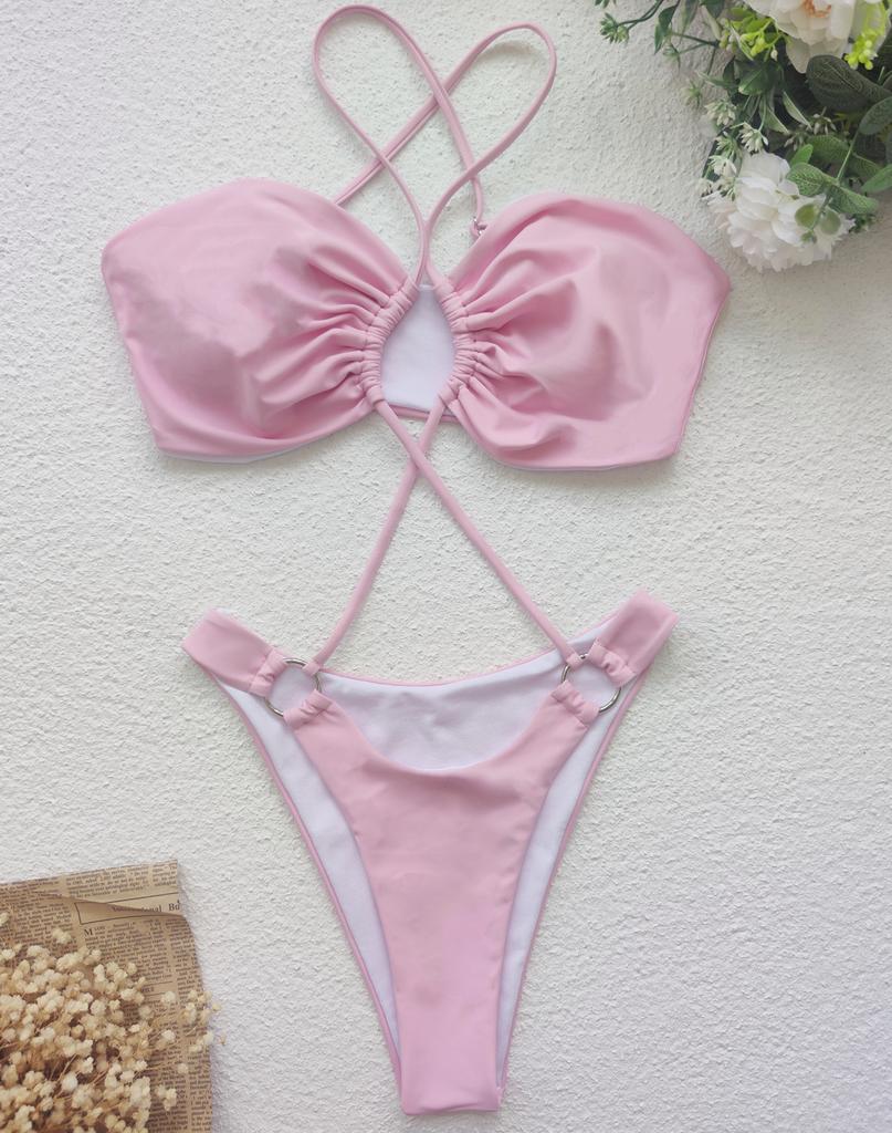 Женский купальник, сплошной цвет, цельный купальник с вырезом на бретельках, сексуальное бикини, бразильская пляжная одежда