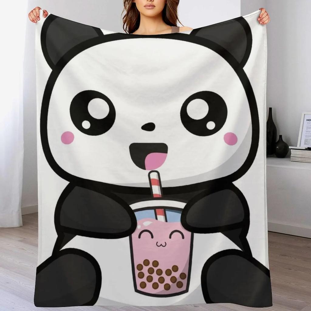 Panda Boba Kawaii Bubble Tea Throw Blanket Cozy Napping Blanket Gift for Mom Dad