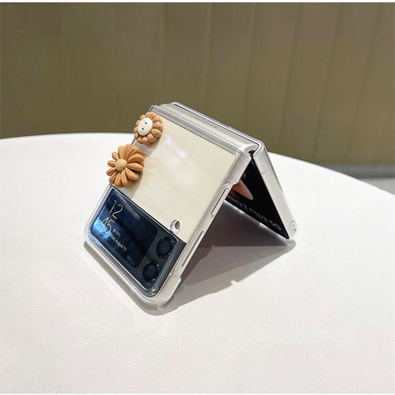 Cute Cartoon Sunflower Daisy Bear Transparent Phone Case For Samsung Galaxy Z Flip 4 5g Zflip3 Zflip Protective Cover Capa