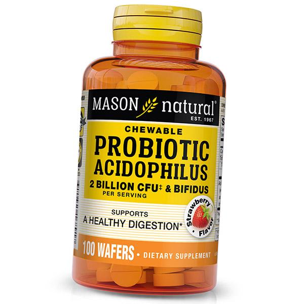 Пробиотик Ацидофилус, Chewable Probiotic Acidophilus With Bifidus 2 Billion, Mason Natural 100таб Клубника (69529004)