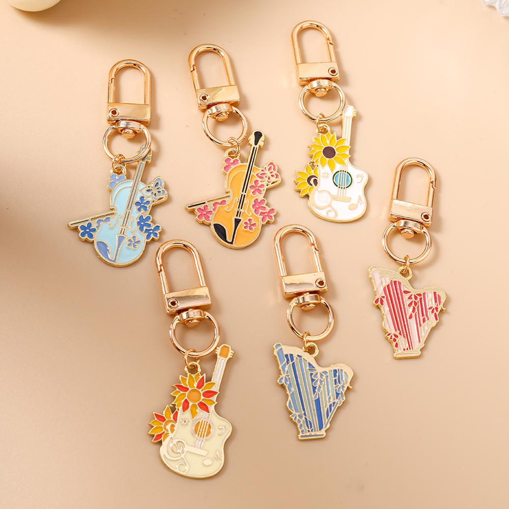 Cute Enamel Music Instrument Key Chain Guitar Violin Key Ring Pendants for Women Girls Handbag Decor DIY Handmade Jewelry Gift