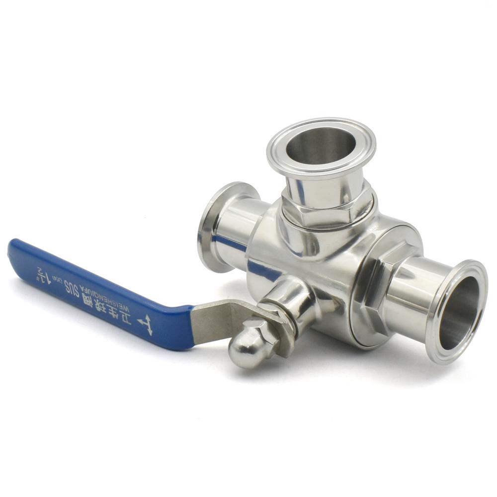19/25/32/38/45/51mm SS304/316L Stainless Steel Sanitary Grade T-shaped Three-way Ball Valve, T/L Port Ring Type OD50.5/64mm