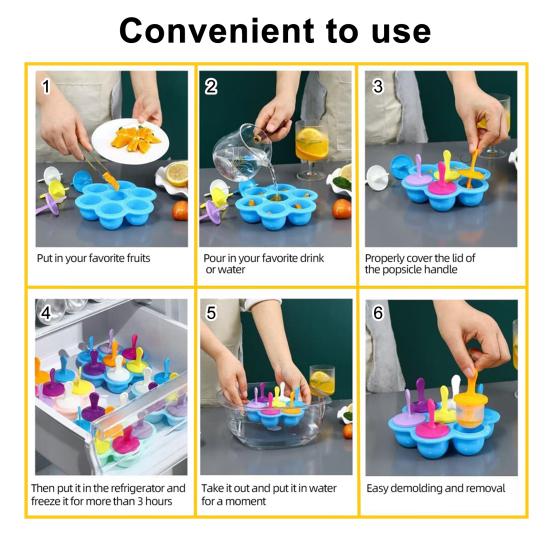 Silicone Ice Cream Mold 7 Holes Easy Release Clean Multifunctional DIY Popsicle Molds BPA Free Food-Grade Popsicle Making Kit