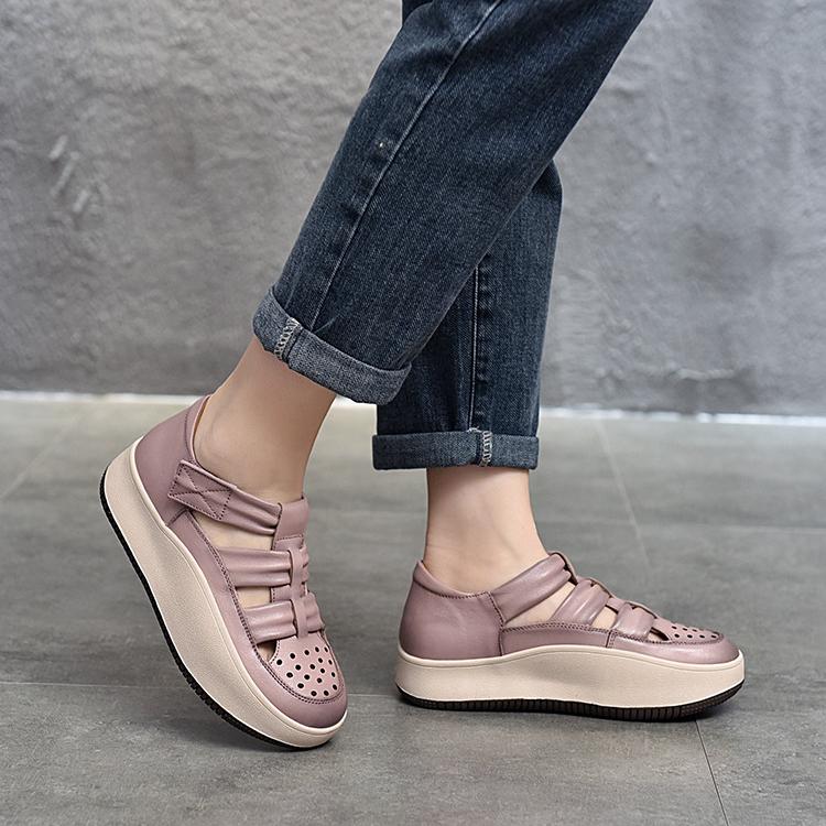 Johnature Женские сандалии из натуральной кожи в стиле ретро на толстой подошве, удобные дышащие туфли ручной работы на плоской подошве с круглым носком