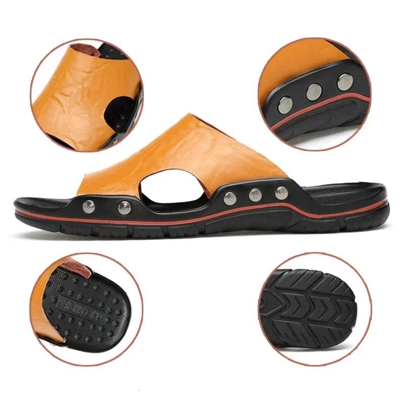 Fashion Summer Slippers New Men Sandals Soft Outdoor Slides High Quality Genuine Leather Comfortable Beach Sandals Outdoor Men Shoes