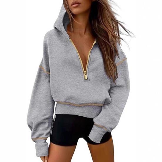 Women Short Sweatshirt Solid Color Long Sleeve Pullover Hooded Sweatshirt Loose Fit Zipper Half Placket Tops