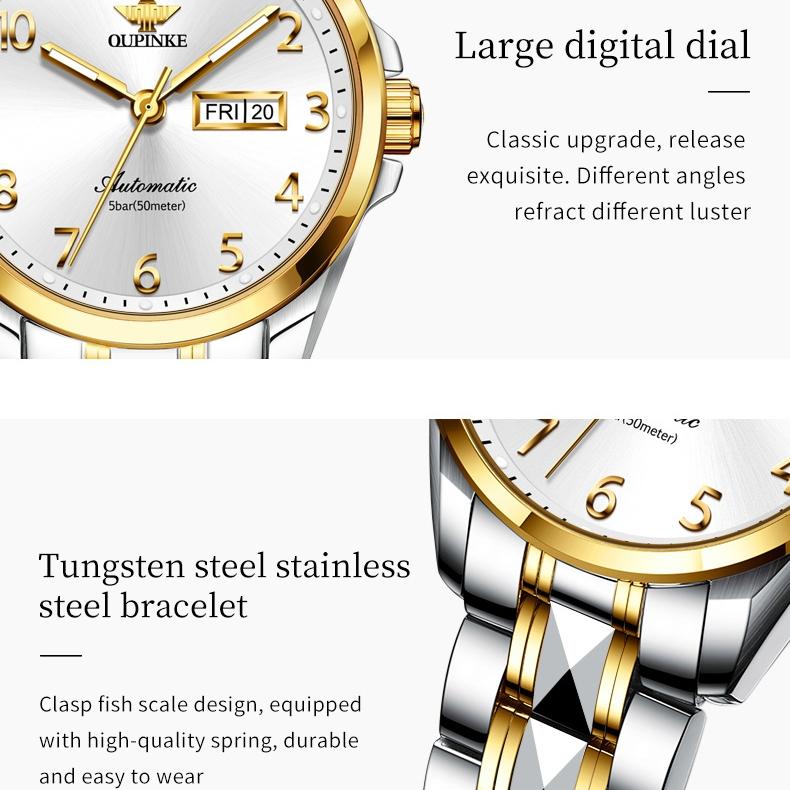 OUPINKE Часы автоматические механические часы стальные модные водонепроницаемые женские часы с двойным календарем женские часы
