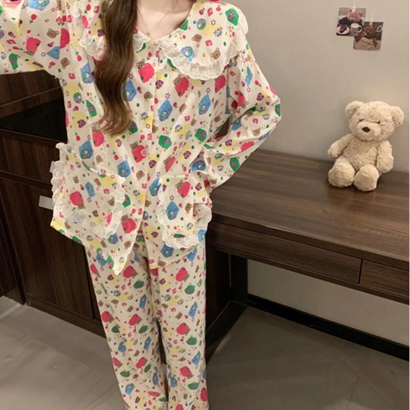 Fashion Colorful Bear Women's Kawaii Pajamas Casual Sweet Cute Cartoon Print Homewear New Spring Cloud Cotton Sleepwear