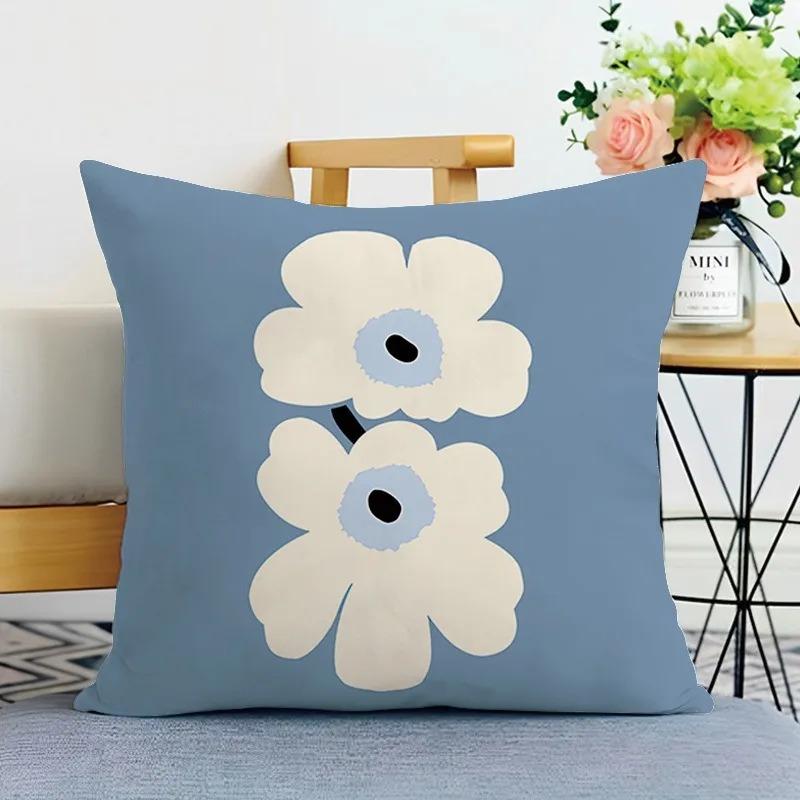 Nordic Blue White Floral Cushion Cover 2D Flat Printed Peach Skin Pillowcase Modern Minimalist Throw Pillow Case For Sofa Decor