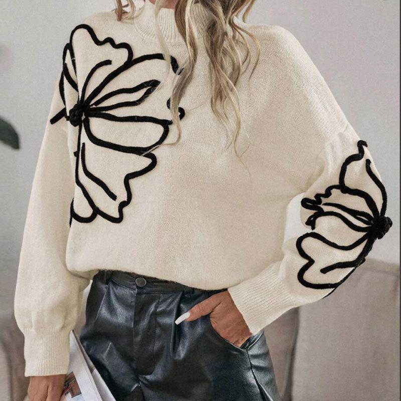 Women's Mock Neck Long Sleeve Knit Sweater Loose Fit Floral Embroidery Pullover