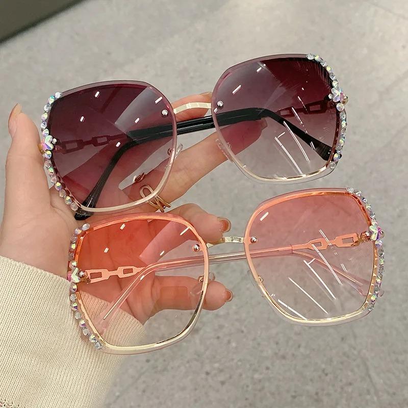 New Rimless Rhinestone Sunglasses Fashion Brand Designer Sunglasses Trendy Retro Cutting Lens Gradient Sun Glasses