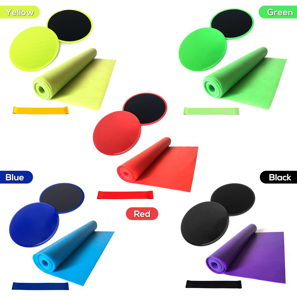 Набор для йоги из 4 предметов: диски, слайдеры для кора, эластичная лента сопротивления, латексный ремешок для упражнений. Идеально подходит для тренировки мышц живота и кора.