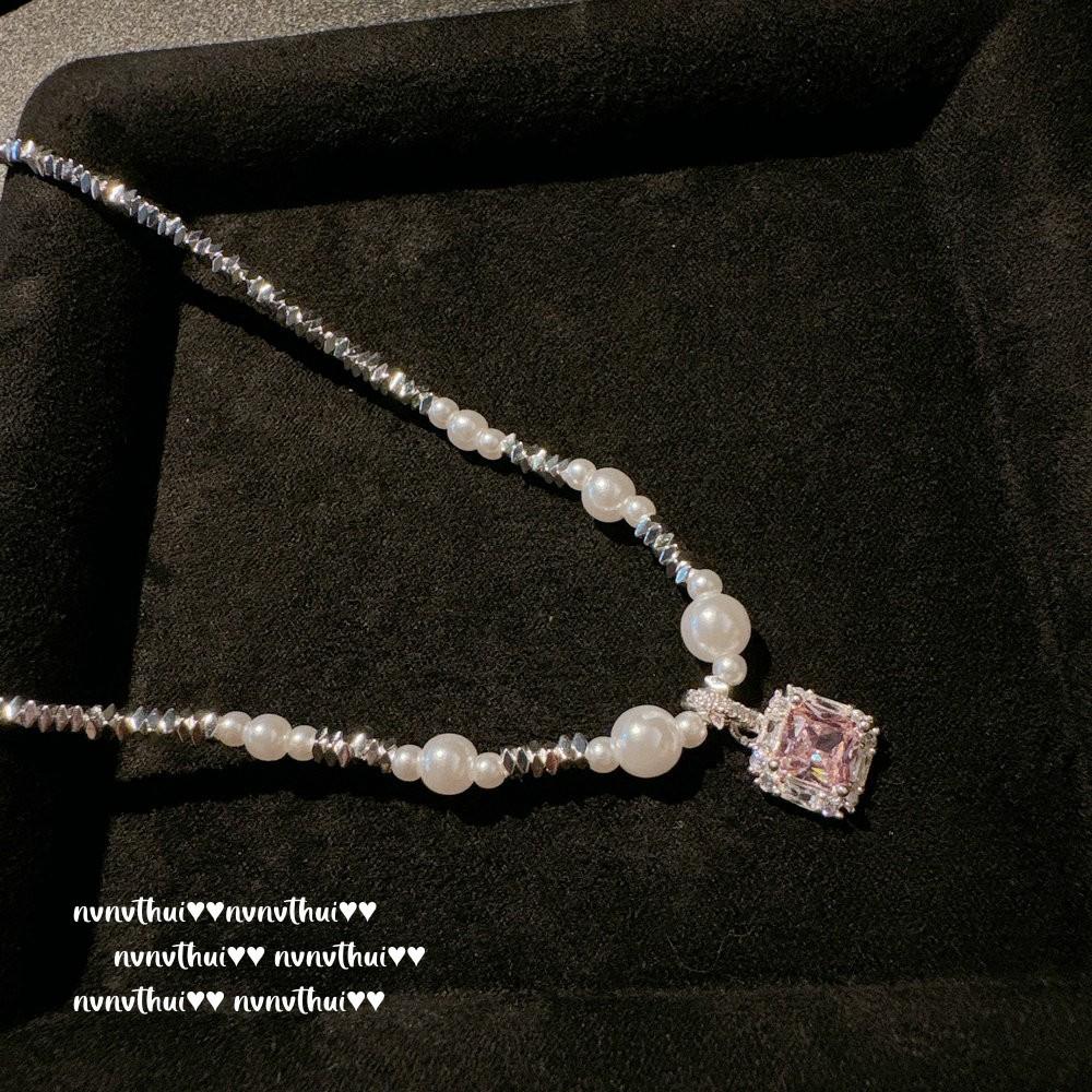 Серебряное ожерелье «Цветочная фея» с сахарными кубиками, драгоценными камнями и жемчужной крошкой, Папалача, Розовые серьги с цирконами в стиле ар-деко