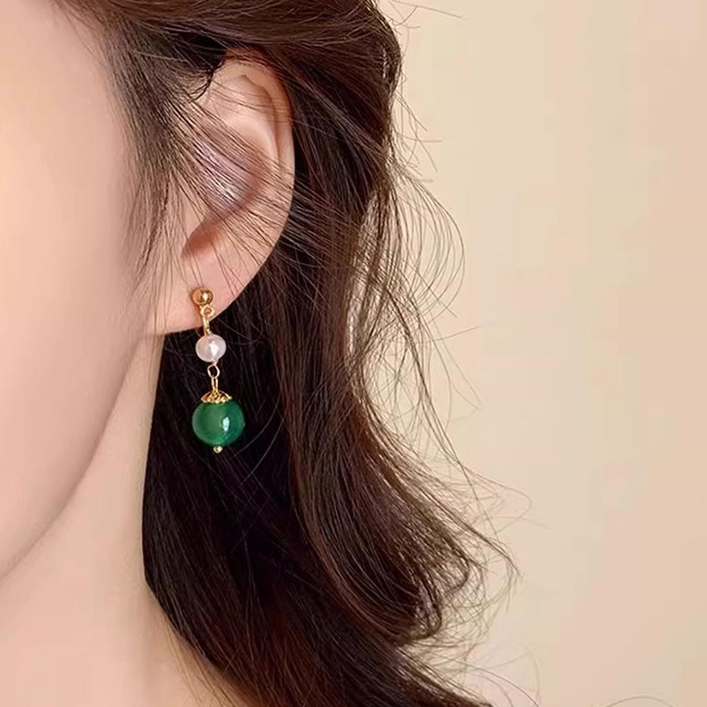 Natural Freshwater Pearl Green Agate Without Ear Holes, Ear Clips, Mosquito Coil Disc, Women's High Sense, New Chinese Niche Pendant Earrings 2026