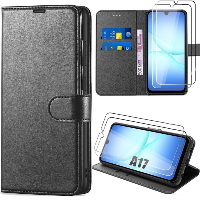 Coque de Protection - BOOLING - pour Samsung Galaxy A17 5G/4G - Rabat Synthécuir Noir - 2 Verres Trempés