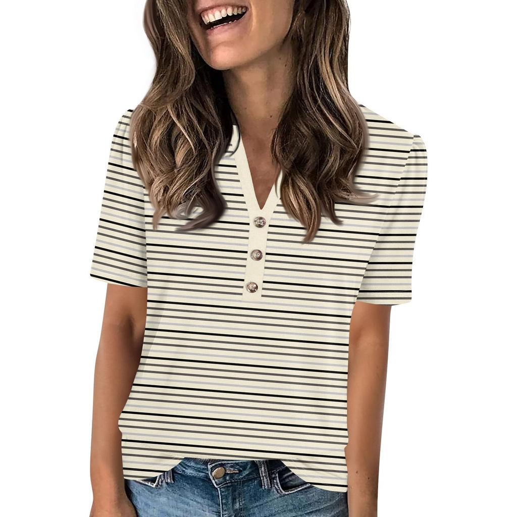 Женский модный повседневный свитер с коротким рукавом и принтом на пуговицах и V-образным вырезом