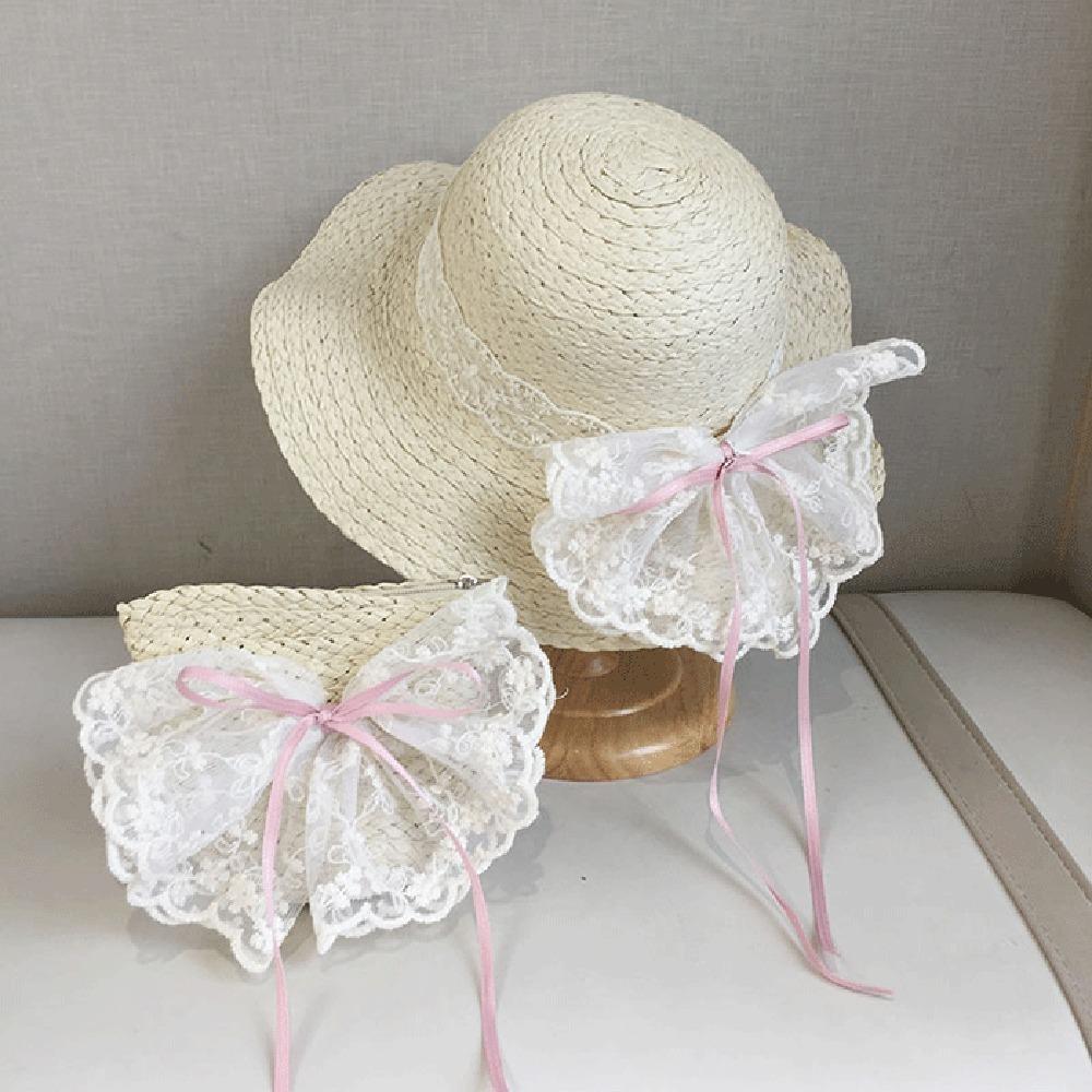 Soft Sweet Bowknot Straw Sun Hat Ribbon Lace Brim Girls Bucket Hat Korean Style Breathable Woven Handbag Girls