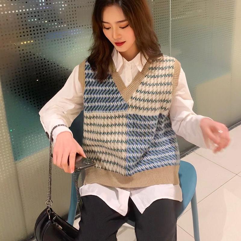 Женский пуловер, новинка 2022 года, свитер с v-образным вырезом, женский осенний свободный жилет, корейский жилет без рукавов контрастного цвета, женский жилет