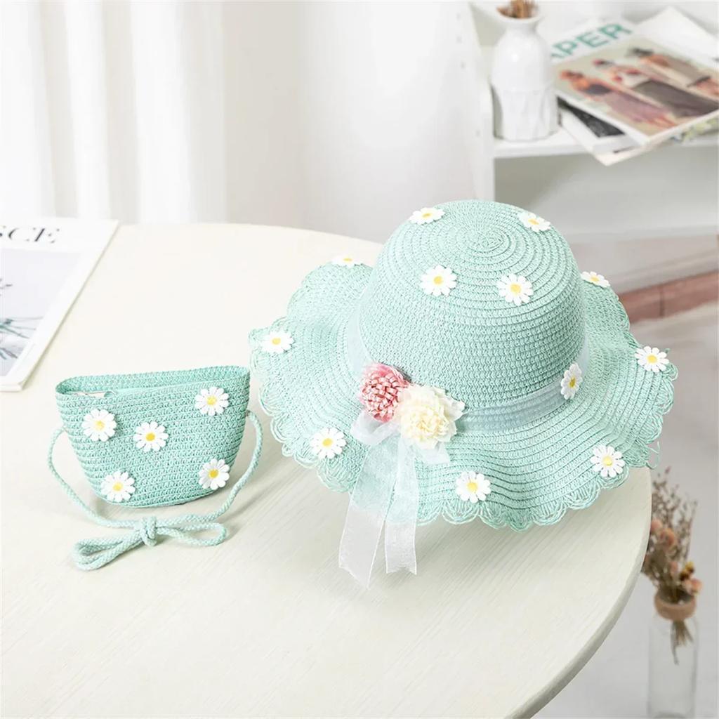 New Girls Chamomile Floral Straw Hat Handbag Sets Child Baby Straw Hat Kids Outdoor Beach Sun Bags Set Travel Holiday Sun Cap