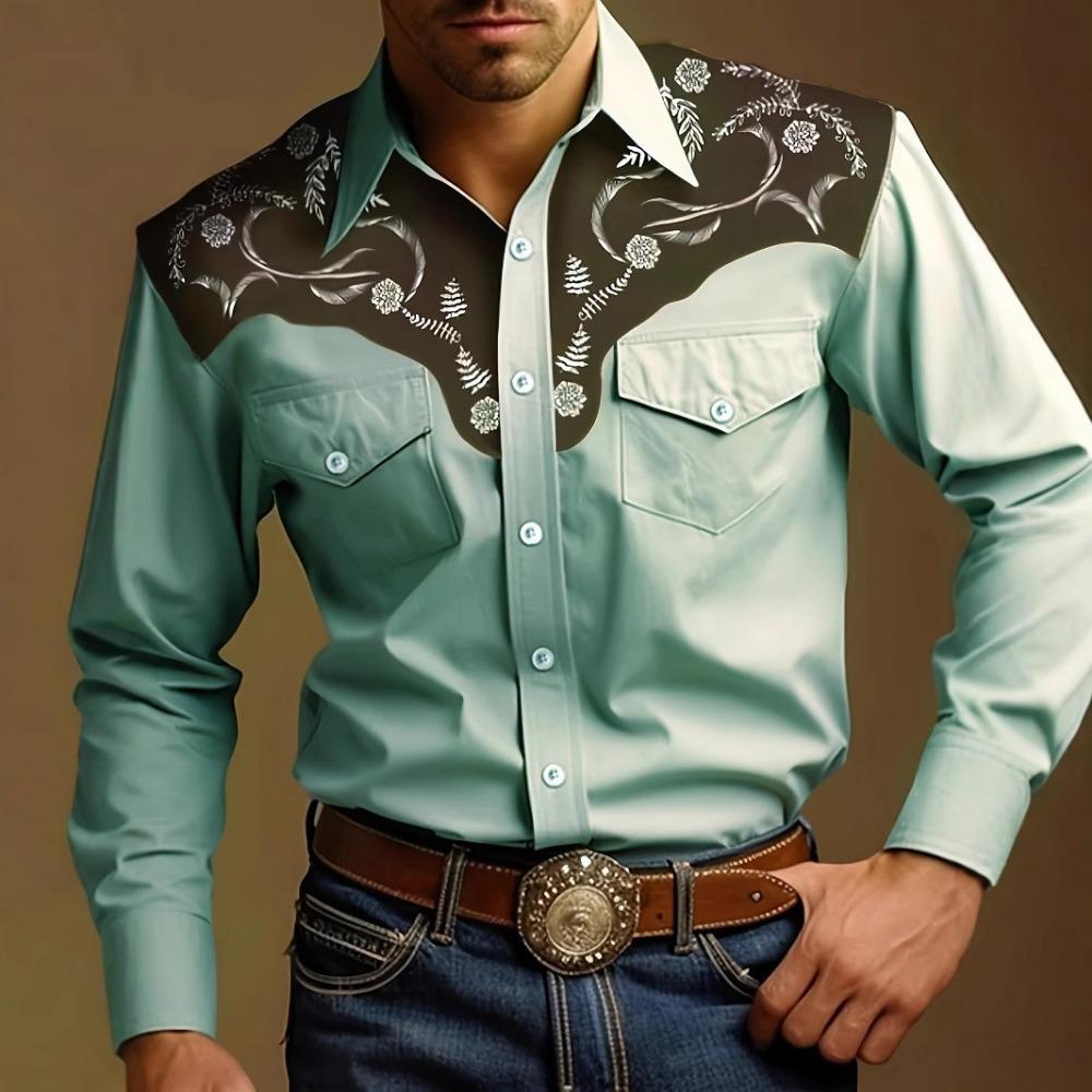 Summer Men's Western Denim Style Printed Vacation Casual Men's Lapel 3D Short-sleeved Shirt