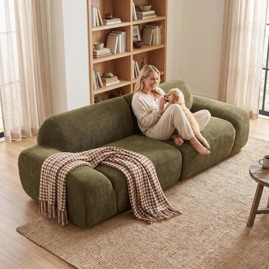 3 Seater Sofa Rounded And Frameless With Generous Seating Area Thickly Padded No Assembly Required Dark Green