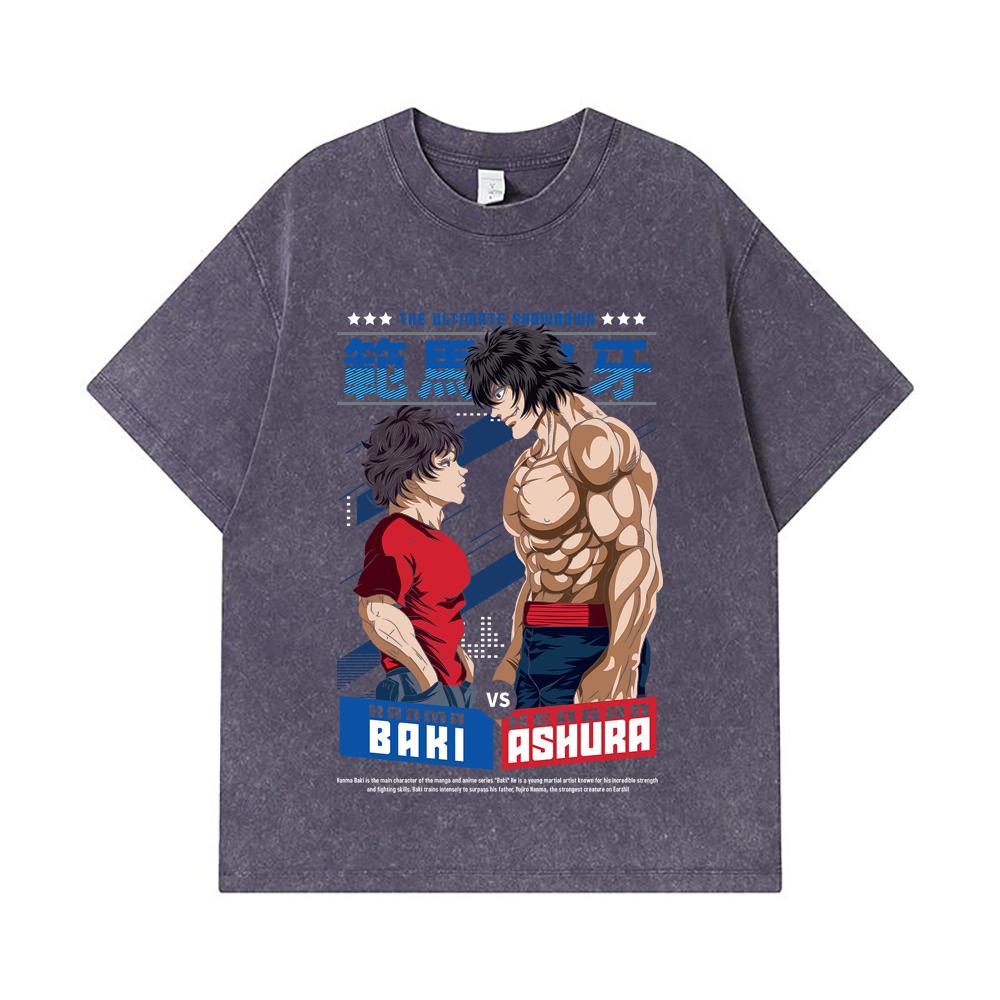 275 GSM Washed T-shirts 100% Cotton Baki V2 Baki Ashura Print Unisex Heavy Cotton T Shirt