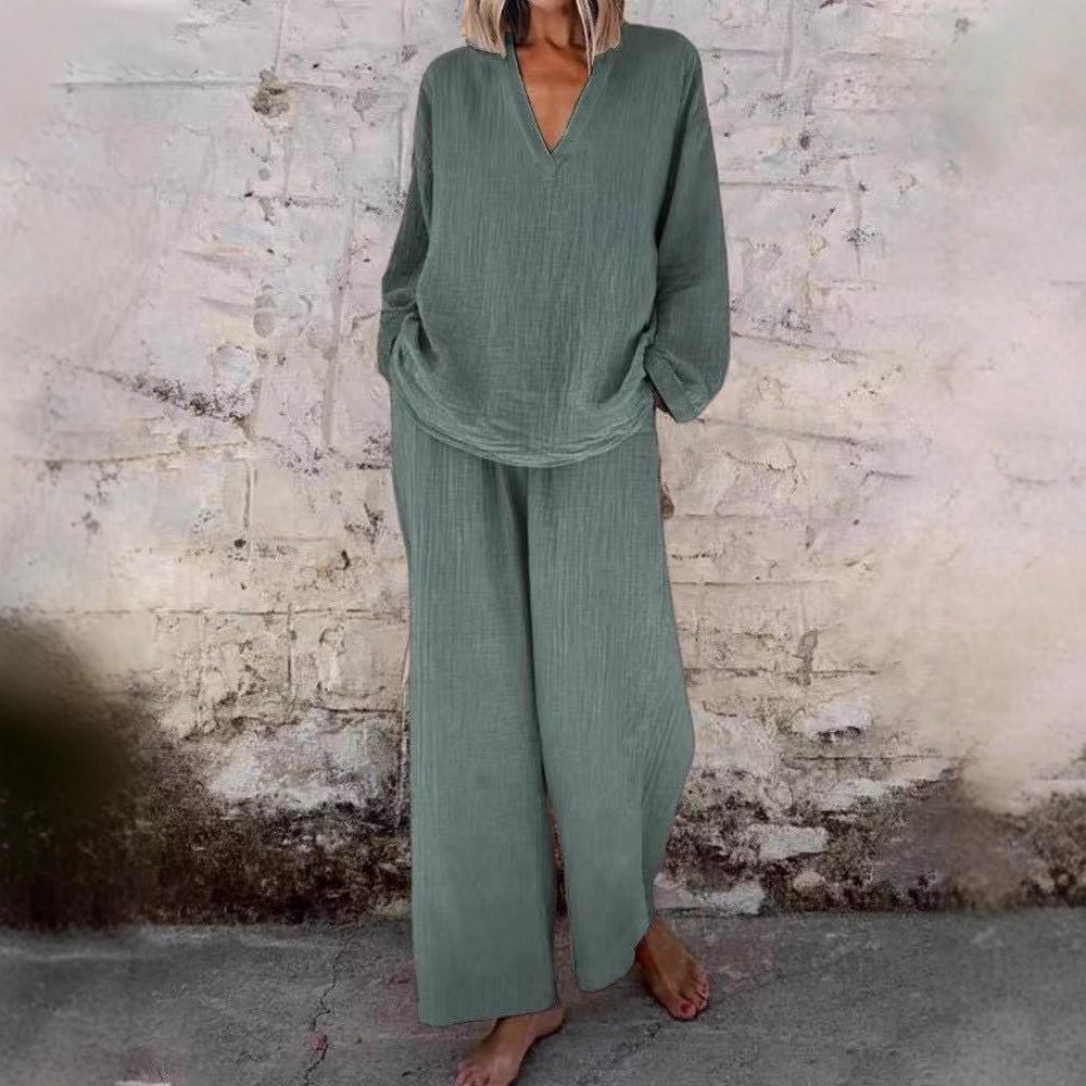 Женский комплект из топа с V-образным вырезом свободного кроя и брюк широкого кроя светло-голубого цвета, повседневный наряд из хлопка и льна