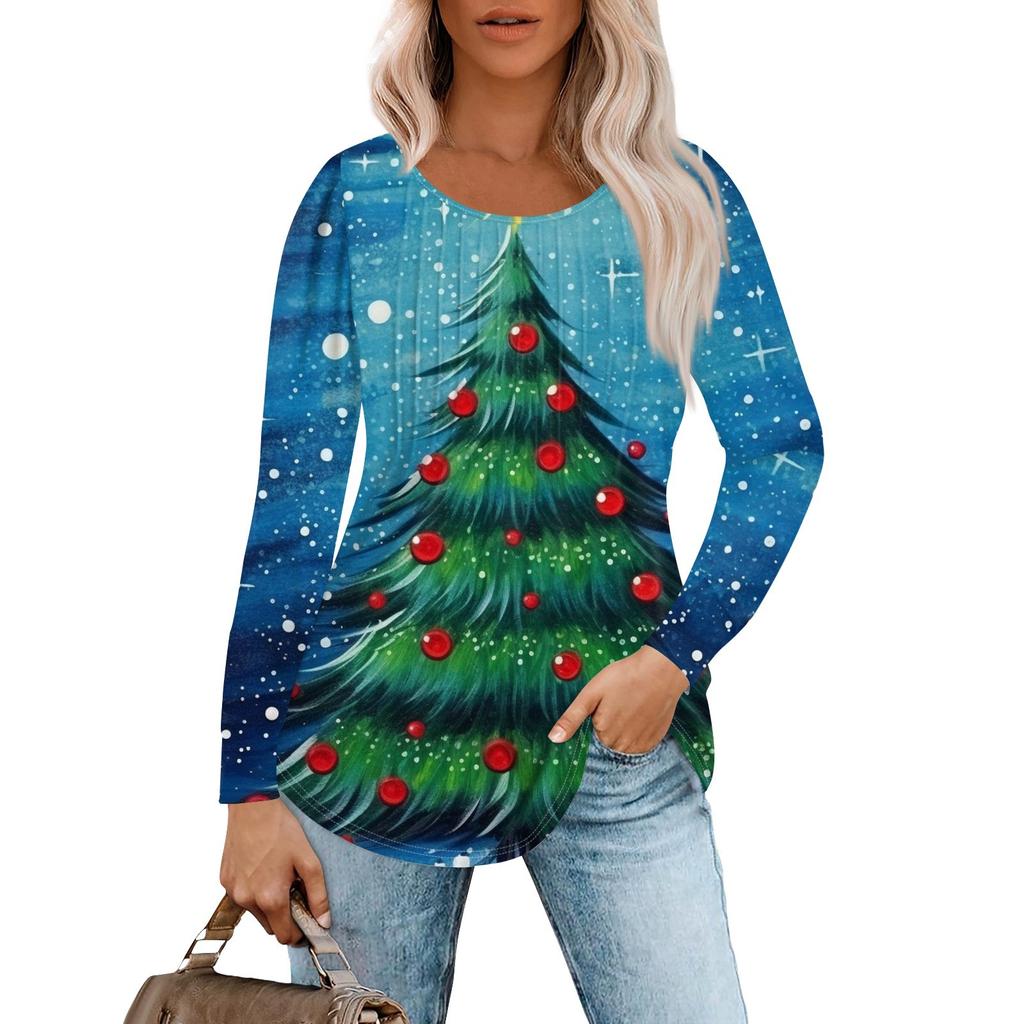 Женская повседневная и модная принтованная футболка с круглым вырезом и длинными рукавами, плиссированная футболка на Рождество