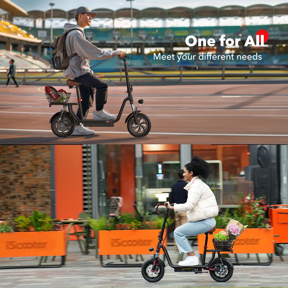 iScooter Электросамокат I12 12 дюймов - двигатель 500 Вт, запас хода 30-35 км, двойная подвеска, удобное сиденье, черный цвет(НЕТ ЭБЭ),черный