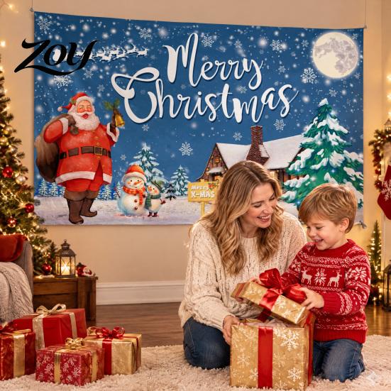 Santa Claus Wall Backdrop Christmas Banner, 71x43 Inches Sleigh Reindeer Snowman for Winter Wonderland Large Festive Sign Party Decorations,