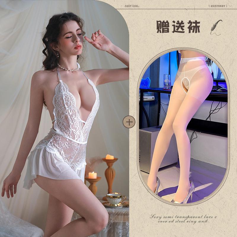 Purple lace sexy lingerie uniform female seduction flirting onesie suspender deep V piece