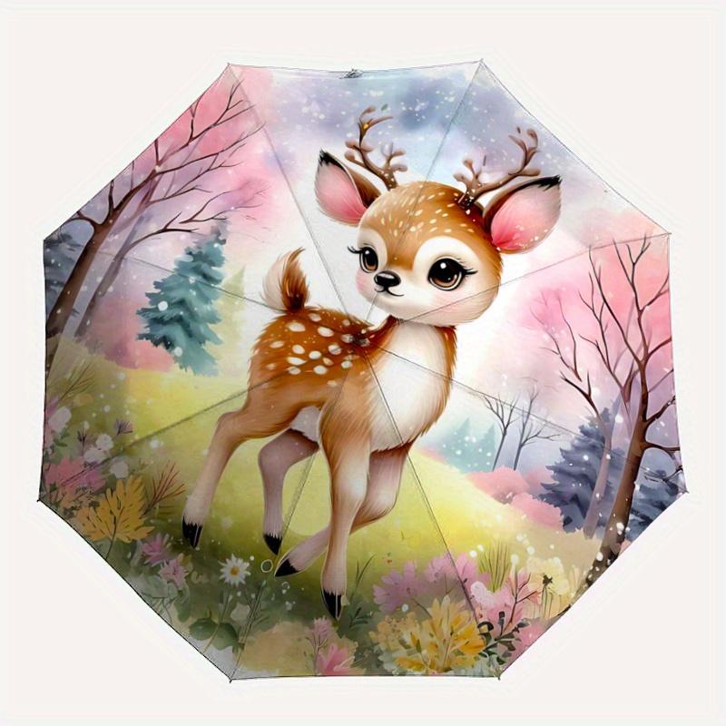 1 шт. Милый Мультяшный Олень, Прочный Складной Мультяшный Зонт, Портативный 3-Складной Компактный Зонт для Мужчин и Женщин, Подходит для Путешествий или Повседневного Использования