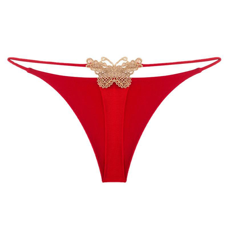 Butterfly Embroidered Low-Waist Double-Layer Thong Bikini Underwear