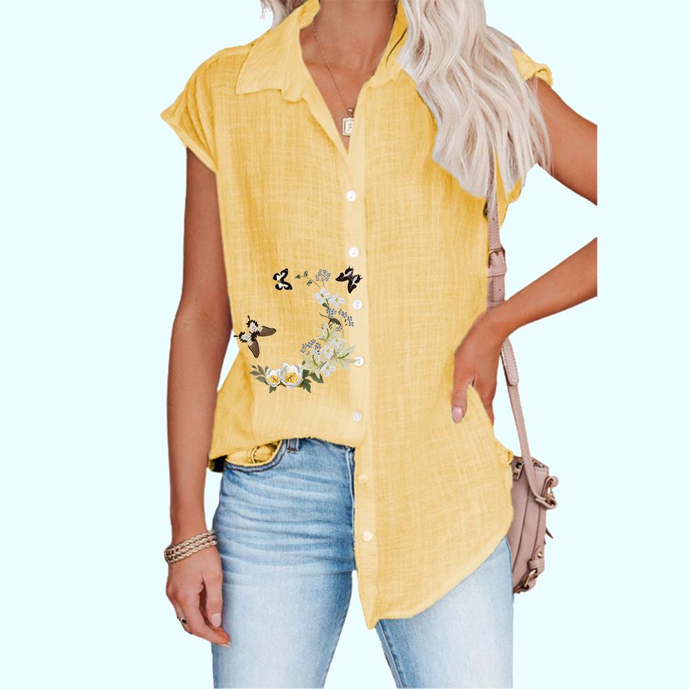 Женская модная футболка без рукавов, тонкая повседневная блузка с цветочным принтом, женская рубашка на пуговицах