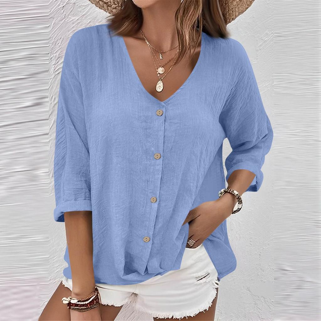 Women's Fashion Casual Solid Color V-Neck Live Button Seven Sleeve T-Shirt Top