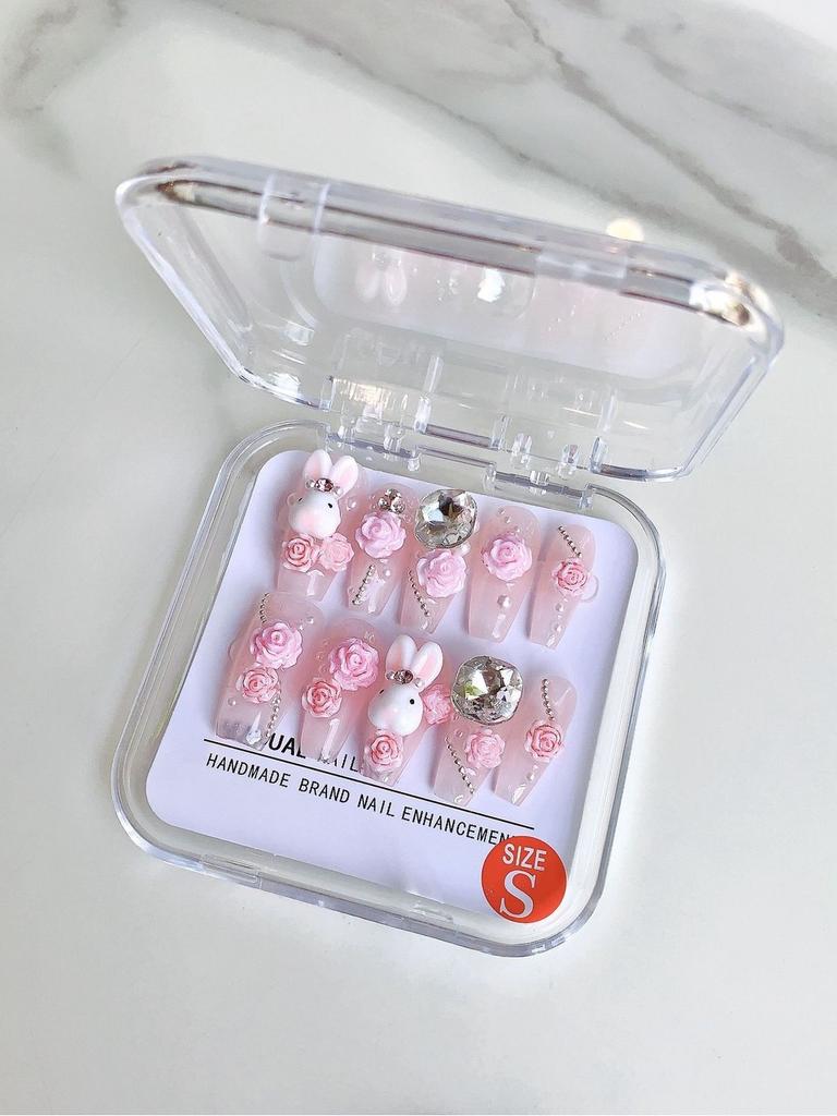 Handmade Cute Cartoon Bunny Pink Camellia Nail Art Creative Pet For Women Xs S M L Cream Hug Bunny Medium Wearable Style